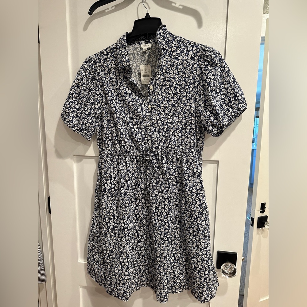 J. Crew Factory Navy and White Puff Sleeve Shirt Dress